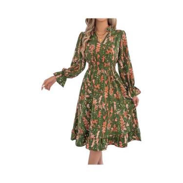 Imagem de Vestido Feminino Elegante Com Estampa Floral, Decote Em V, Manga Compr
