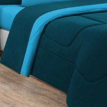 Imagem de Kit Edredom Jogo De Lençol Malha 100% Algodão Gran Moratta 7 Peças Queen Azul Petróleo Turquesa