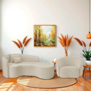 Imagem de Kit Recamier Curvo Sala De Estar Inglaterra 200cm Lado Direito E 2 Poltronas Orgânica Luxo Amore Bouclé Bege