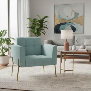 Imagem de Poltrona Sala Decorativa Elisa Pé De Aço Lateral Dourado Cotelê Ext-veludo Menta D03 - D'rossi