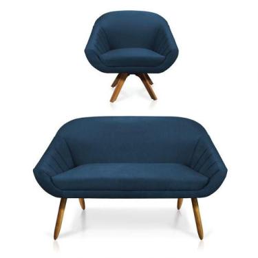 Imagem de Kit 01 Namoradeira 02 Lugares E 01 Poltrona Giovana Suede Azul Marinho