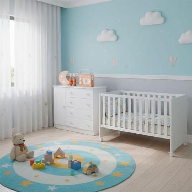 Imagem de Quarto Bebe Infantil Doce Sonho Berco Reto Rodizio e Comoda Sapateira 1 Porta 4 Gavetas Qmovi