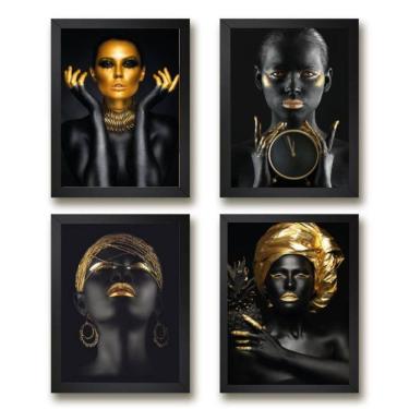 Imagem de Kit 4 Quadros Mulheres Preto/Dourado 33x24cm - Madeira