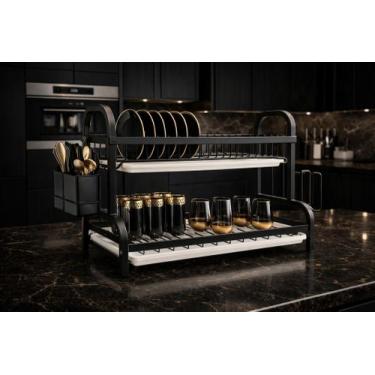 Imagem de Escorredor de Louça Preto Em Aço Inox Com 2 Andares Para 17 Pratos Tal