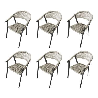 Imagem de Kit 6 Cadeiras Decorativa Joana Em Corda Náutica E Base Em Alumínio Preta- Areia
