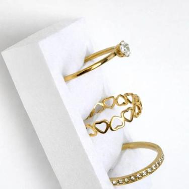 Imagem de Kit com 3 anéis femininos dourados em aço inox 316l delicados elegante