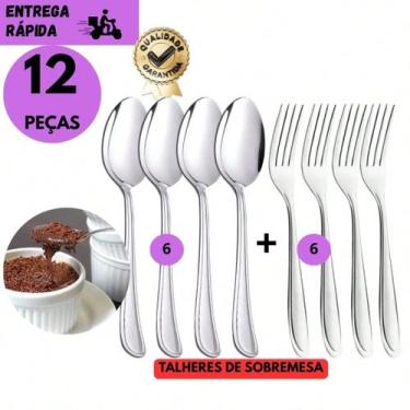 Imagem de Kit 12 Pçs 6 Garfo e 6 Colher de Sobremesa Inox Aço Inoxidável Resiste