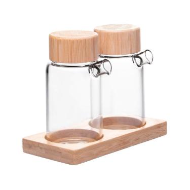 Imagem de Cj 2 Galheteiros de Vidro 170ml C/Tampa e Suporte de Bambu 15x7,5cm Wolff