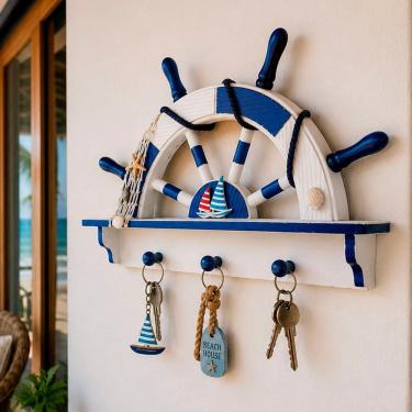 Imagem de Porta Chaves Cabideiro Timão Decorativo Estilo Náutico para Casa de Praia Azul e Branco