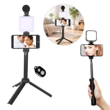 Imagem de Tripé Bastão Selfie com Microfone LED e Controle Bluetooth para Fotos 