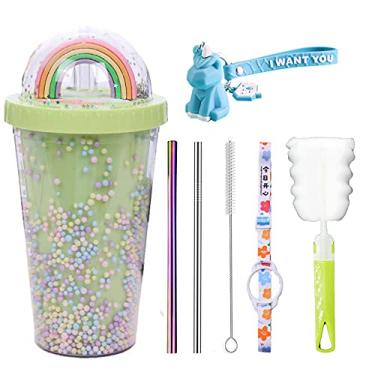 Imagem de Copo de viagem arco-íris com canudo copo de festa copo de gelo para piquenique congelador caneca gelada (verde arco-íris, 550 ml)