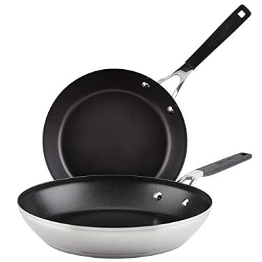 Imagem de KitchenAid Conjunto de frigideiras/frigideiras antiaderentes de aço inoxidável, 24 cm e 30 cm, aço inoxidável escovado