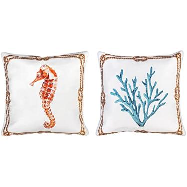 Imagem de Kit 2 Capas Almofada Sarja Mar Cavalo Marinho Coral Concha 45x45cm (Cavalo Marinho e Coral)