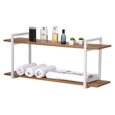 Imagem de Nicho Banheiro Branco Com Prateleiras Amadeirado 120cm