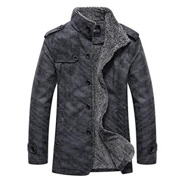 Imagem de Jaqueta masculina de couro longa forrada com lã plus size casaco de lã gola de motocicleta jaqueta, Cinza escuro, G