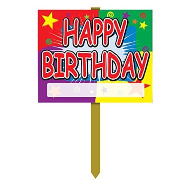 Imagem de Beistle 2 peças coloridas de placas de jardim de feliz aniversário decorações de gramado ao ar livre com estacas de pinheiro, 60 cm x 38 cm, multicolorido