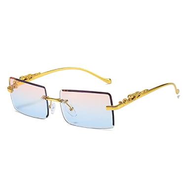 Imagem de Óculos de sol femininos retangulares sem aro vintage tons de designer de moda de luxo moldura de leopardo dourado óculos de sol UV400, ouro rosa azul, um