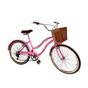 Imagem de Bicicleta Aro 26 Retrô Com Cesta Plástica 6 Marchas Pink Ros - Maria C