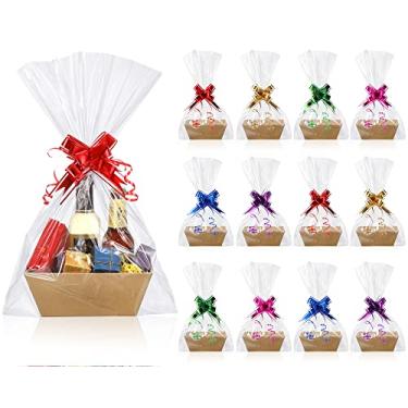 Imagem de Conjunto de 50 cestas de presente vazias, 12 peças para presentes, bandeja vazia Kraft Market com alças, 18 sacos e 20 laços multicoloridos para Natal, casamento, aniversário, 20 x 15 x 7 cm