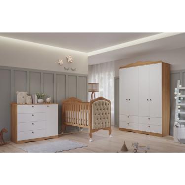 Imagem de Quarto de Bebê 3 Peças com Berço Capitonê Cômoda 4 Gavetas e Guarda Roupa 4 Portas 4 Gavetas