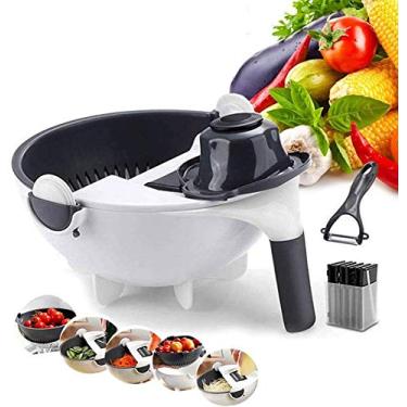 Imagem de Cortador de legumes mandolina - Cortador de legumes 9 em 1 e cortador com cesto de drenagem - Cortador de mandolina multifunções e descascador rápido - Cortador de alimentos de cozinha Máquina de salada ferramenta de cozinha