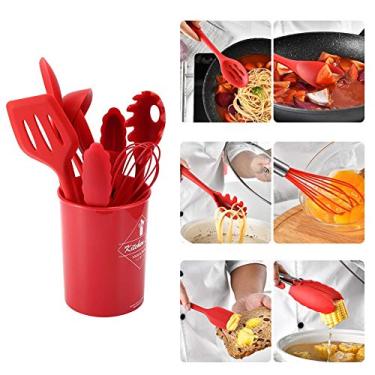 Imagem de Conjunto de utensílios de cozinha de silicone, utensílios de cozinha antiaderentes, batedor de ovos, espátula, concha, pá, colher de cozinha, vermelho