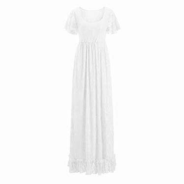 Imagem de Vestido sobreposto de renda plus size feminino renda maternidade babados vestido de manga curta vestido longo vestido maternidade (branco, 3GG)