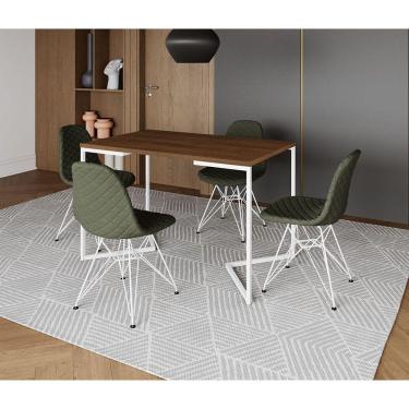 Imagem de Mesa Jantar Industrial Retangular Base V 120x75cm Amêndoa com 4 Cadeiras Estofadas Verdes Aço Branco