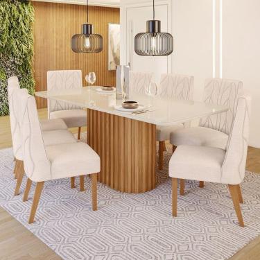 Imagem de Conjunto Sala de Jantar Tampo MDF/Vidro 8 Cadeiras Mira Marrom/Off White/Linho
