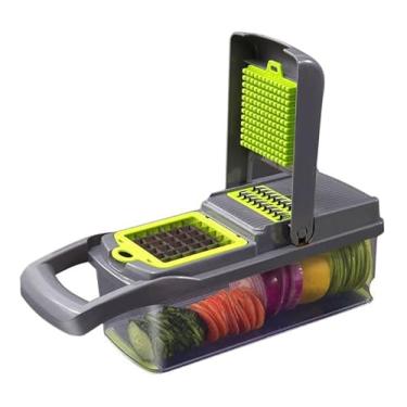 Imagem de Ralador Legumes Inox Fatiador Cortador Verduras Picador Com Cortador de vegetais Mandoline Cortador de legumes 12 em 1 Lâminas intercambiáveis com cesta e recipiente