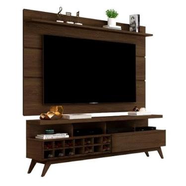 Imagem de Rack + Painel VIV 1.60m 1 Gaveta com Corrediça Telescópica + Adega com Capacidade Para 14 Garrafas Estilo Retrô com Pés em Madeira Cor Cedro