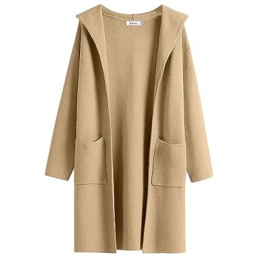 Imagem de ANRABESS Cardigã feminino frente aberta suéter com capuz grande casaco casual bolsos malha jaqueta coatigan 2023 outono, Amêndoa, XP