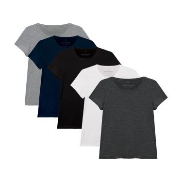 Imagem de Kit 5 camisetas Babylook Básica, basicamente., Feminino, Branco Preto Azul Marinho Mescla Claro Mescla Escuro, XGG