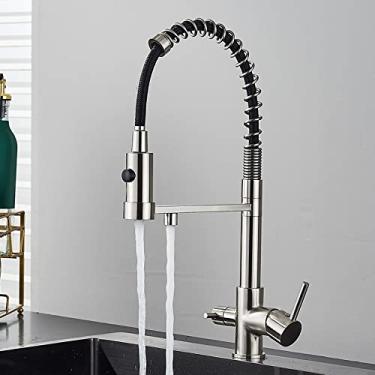 Imagem de Torneira de cozinha de água potável, torneira preta para pia de cozinha, torneira de latão com filtro, torneira giratória 360 °, modo duplo, níquel escovado