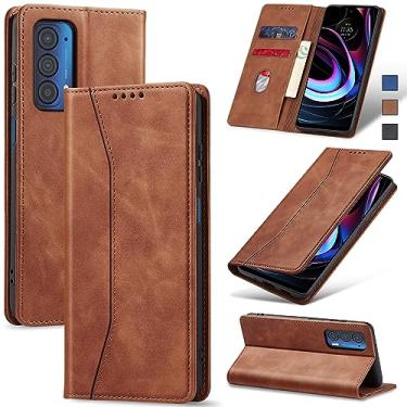 Imagem de Jasonyu Flip Carteira Capa para Motorola Moto Edge (2021),Capinha Folio Magnética de Couro com Suporte para Cartão,Suporte para Chute - Protetora Durável de TPU à Prova de Choque para Telefone,Marrom