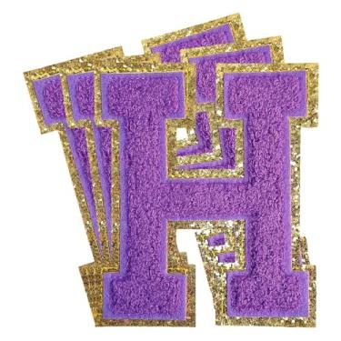 Imagem de 3 peças de remendos de letras de chenille roxo glitter ferro em remendos de letras universitários remendo bordado de chenille costurar em remendos para roupas chapéu bolsas jaquetas camisa (roxo, H)