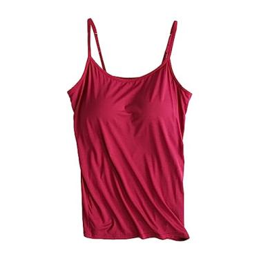Imagem de Camisetas regatas femininas embutidas, alças finas, sem mangas, cor sólida, túnica de verão para ioga, Vermelho, 3G