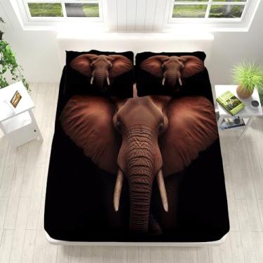 Imagem de Jogo de lençol Queen preto, 4 peças, animal, elefante africano, 40,6 cm, lençol de cima e 2 fronhas estampado, enrugado, desbotado, para meninos e meninas e adolescentes