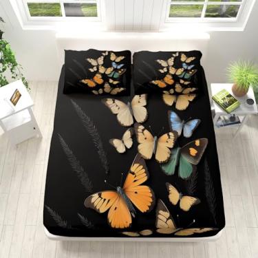 Imagem de Jogo de cama Queen preto com estampa de borboleta animal colorido microfibra 40,6 cm com bolsos profundos, lençol de cima com 2 fronhas para meninas, meninos e crianças