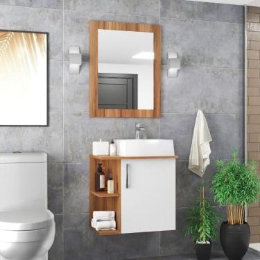 Imagem de Gabinete Para Banheiro Com Cuba E Espelheira 50cm Mdf Nogal Com Branco Moscou - On Móveis