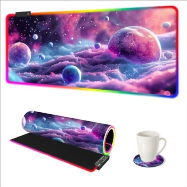 Imagem de ARTSO Mouse pad grande RGB para jogos, tapete de mouse grande de LED com 14 modos de luz, tapete de teclado de computador macio estendido, base de borracha antiderrapante, bola roxa colorida