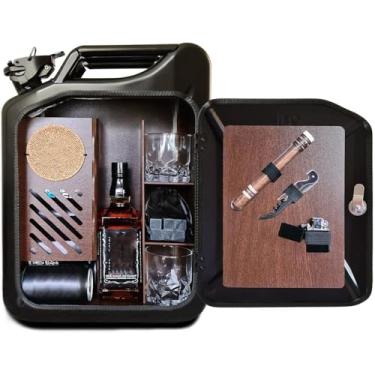 Imagem de Conjunto de bar mini barril de gasolina metal armário de vinho exibição barril de bebidas caixa de armazenamento prateleira latas ornamentos interessantes, preto