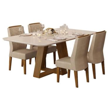 Imagem de Mesa de Jantar Kiara Freijó Off White com 4 Cadeiras Lidia Freijó Veludo Kraft - Dj Móveis