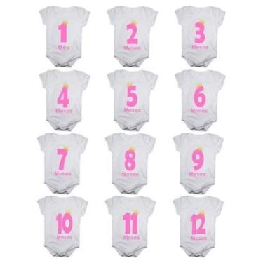 Imagem de Kit 12 Body Bebê Calupa Mesversario Manga Curta Números Rosa 1 A 12 Meses Feminino-Feminino