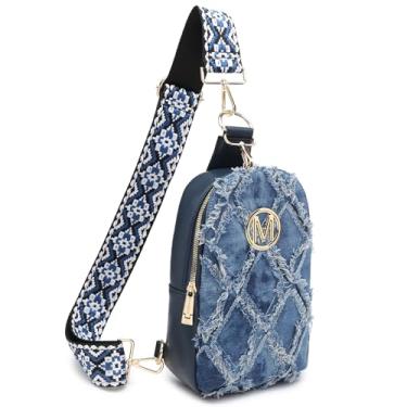 Imagem de MARCO M KELLY Pequena bolsa tiracolo jeans feminina acolchoada tiracolo envelhecida pochete bolsa de peito com alça larga, Jeans azul, Bolsa transversal feminina