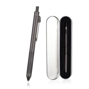Imagem de smttw Caneta esferográfica multifuncional 4 em 1 recarregável e retrátil + lapiseira de 0,7 mm, ponta fina, barril de metal cinza, com código de cores preto/vermelho/azul, caneta multicolorida com