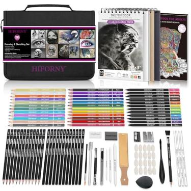 Imagem de HIFORNY Conjunto de 100 peças de desenho e esboço, materiais de arte profissional com grafite, carvão, colorido, aquarela, lápis metálicos, ferramentas de mistura, caderno de desenho e livro de