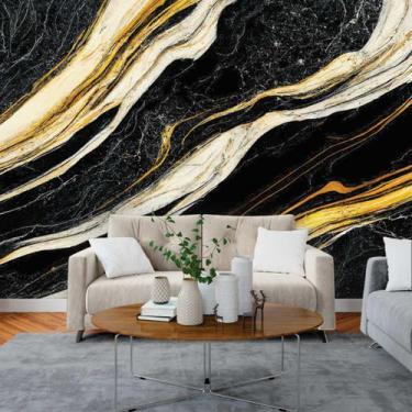 Imagem de Papel de Parede Painel 3D Mármore Preto Branco Dourado 3M Revestimento
