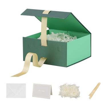 Imagem de Caixas de presente pequenas com tampas, pacote com 5, 15 x 15 x 7 cm, caixa de presente verde com fita, caixa de presente de Natal, caixas de presente dobráveis para presentes, enchimento de papel