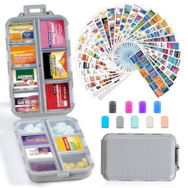 Imagem de Caixa organizadora de comprimidos de viagem 14 Grids com 415 etiquetas de nome de medicamentos - Recipiente de bolso diário para farmácia - Kit dispensador de medicamentos de viagem para armazenamento